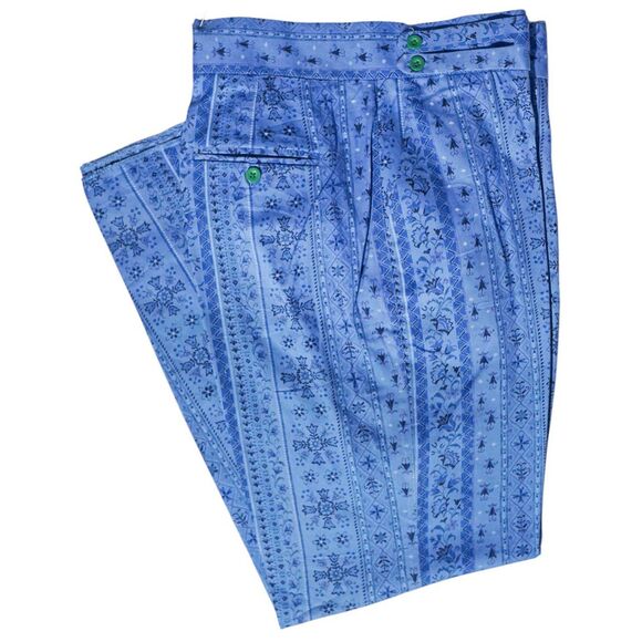 Mens Gurkha Pants 38 Blue Floral Geometric Trousers Straight Fit Flat Front